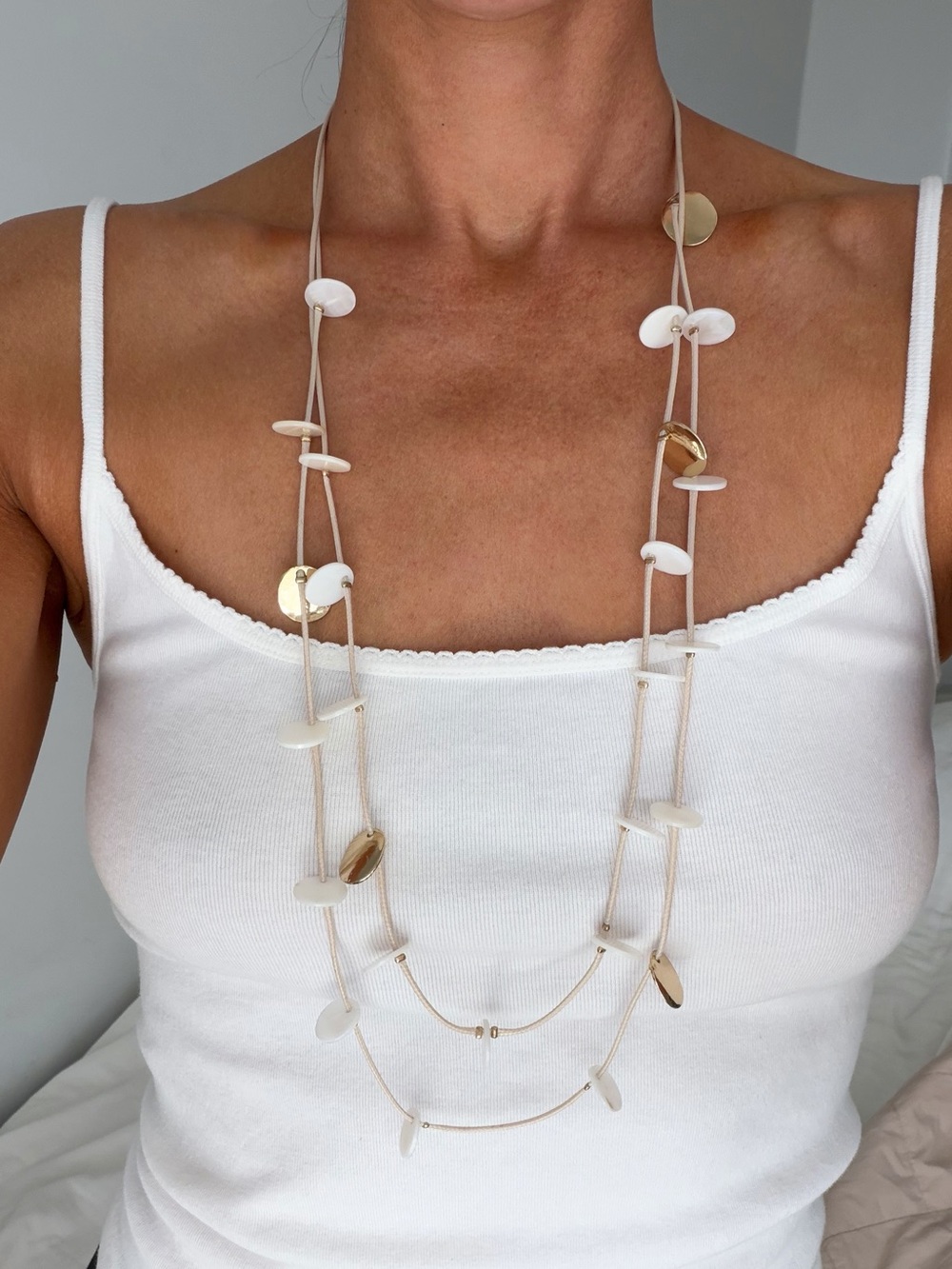 Long Chico’s Multi-Strand White Shell & Gold Necklace